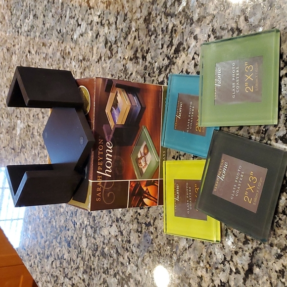 Sarah Peyton Home Glass Photo Coasters with wood holder NWOT - Picture 1 of 5